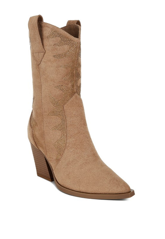 Tan cowboy boot on a white background