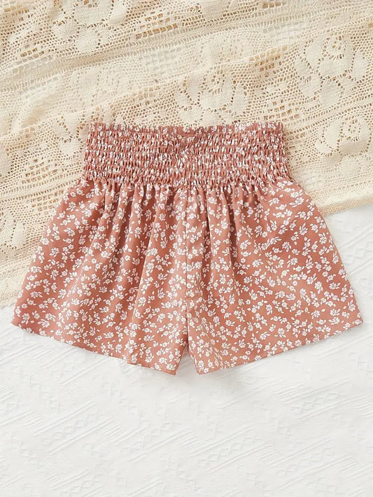 Coral Floral Flowy High Waist Shorts with Shirred Waist 