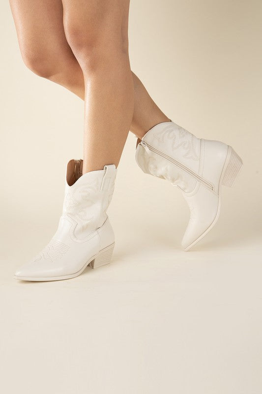 White Western Booties Tapered Toe and Block Heel
