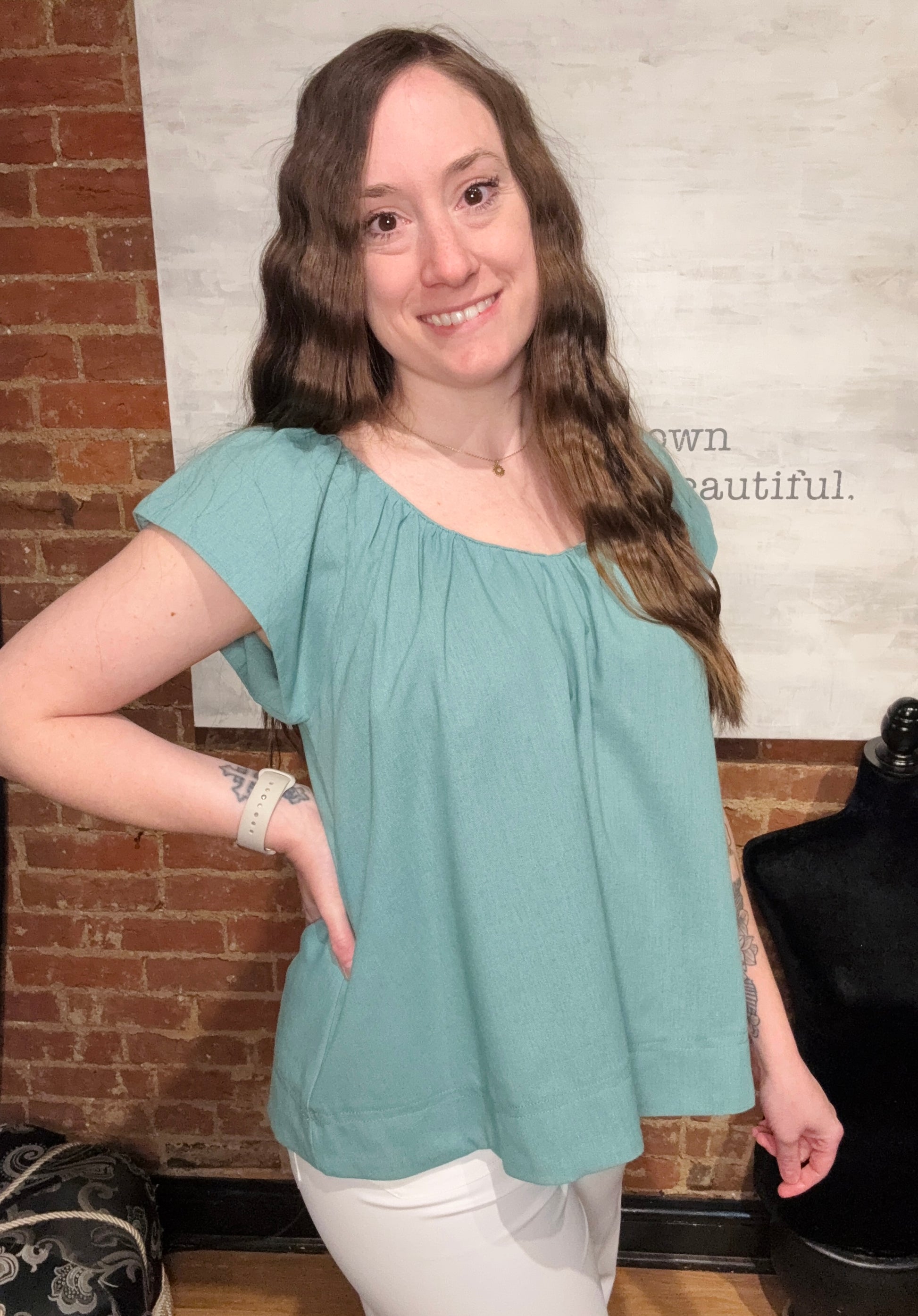 Dusty Mint Linen V-Neck Top with Padded Cap Sleeve