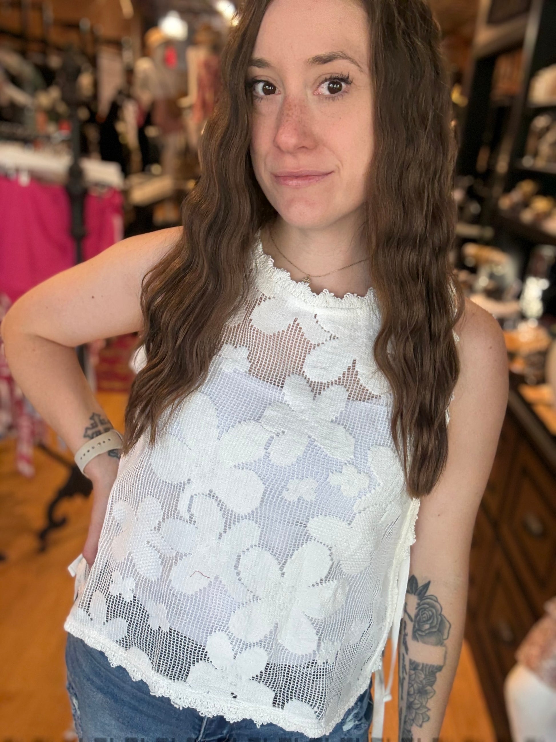 White Floral Crochet Tank Top