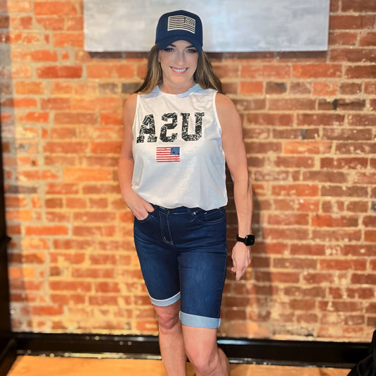 Kancan Mid Rise Dark Denim Bermuda Shorts