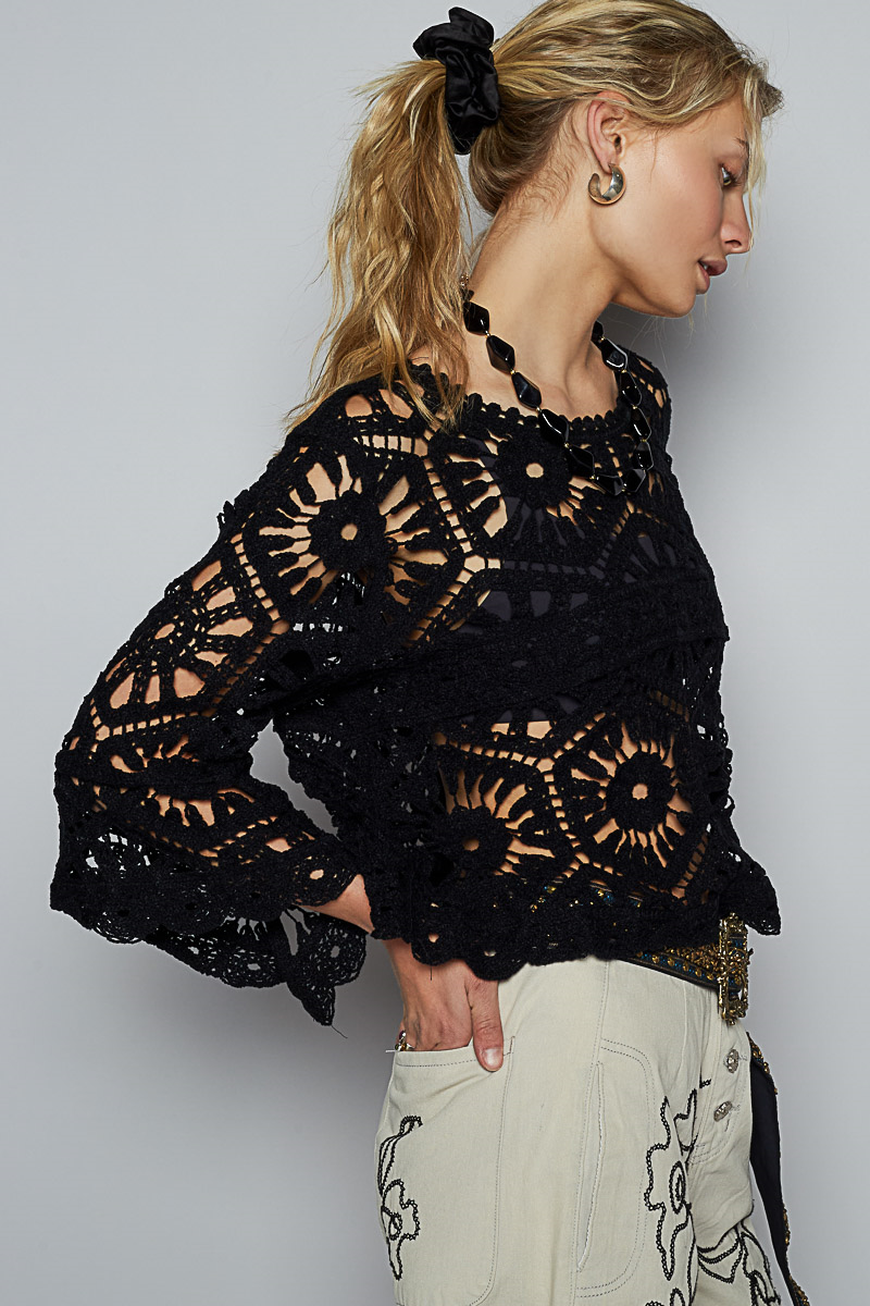 Black long sleeve crochet knit sweater by POL