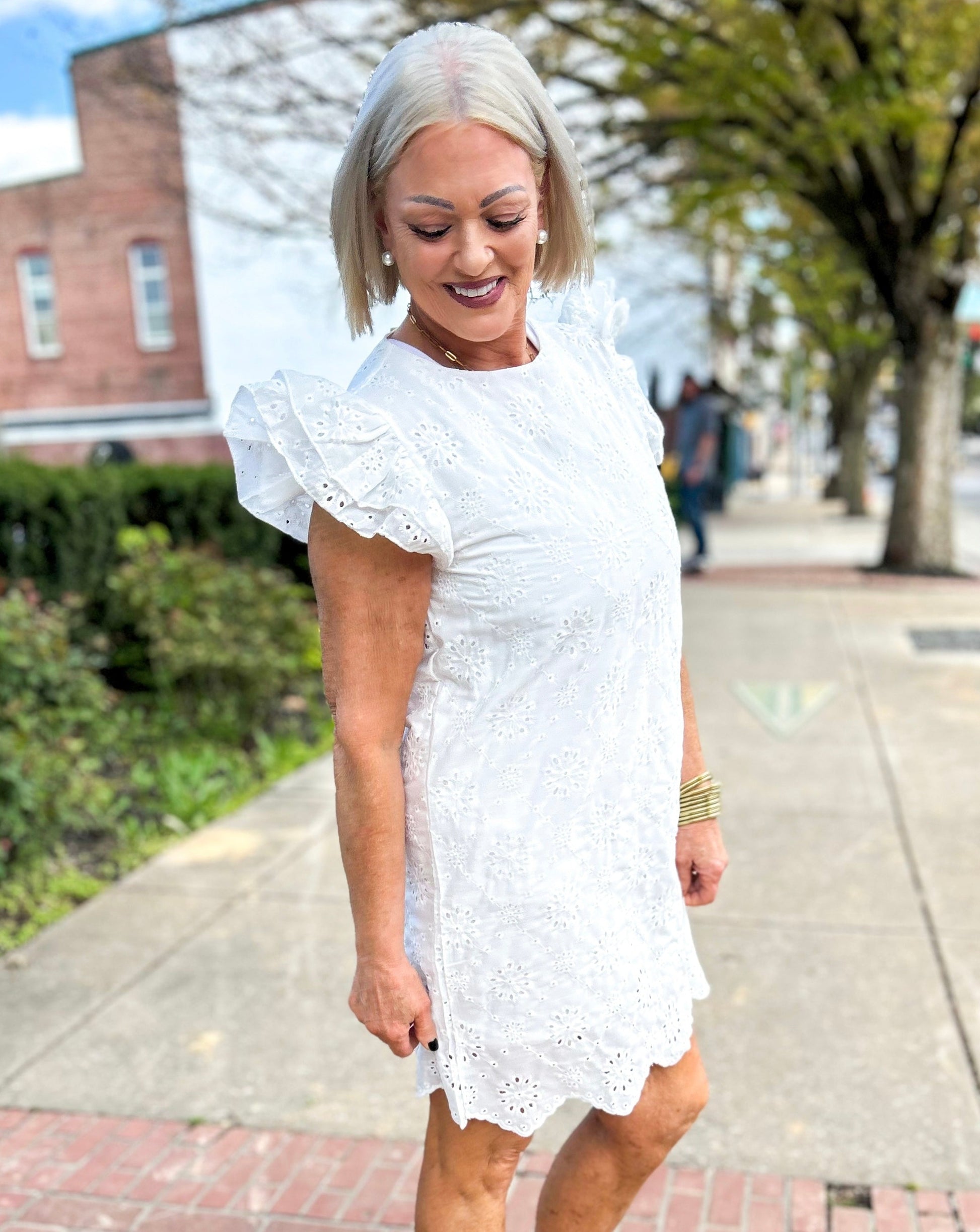 White Eyelet Mini Stress with Ruffle Sleeve