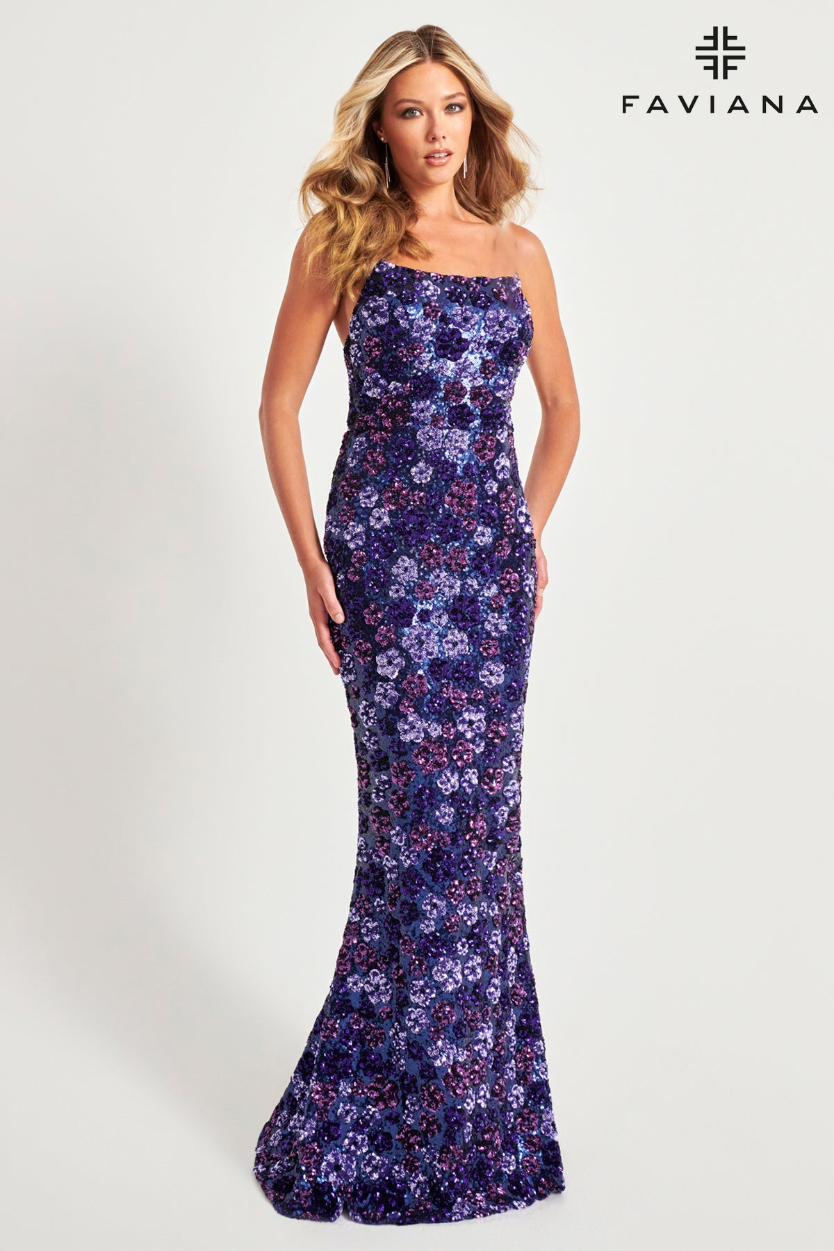 Purple/Navy Strapless Sequin Mermaid Dress With Colorful Floral Design | 11036