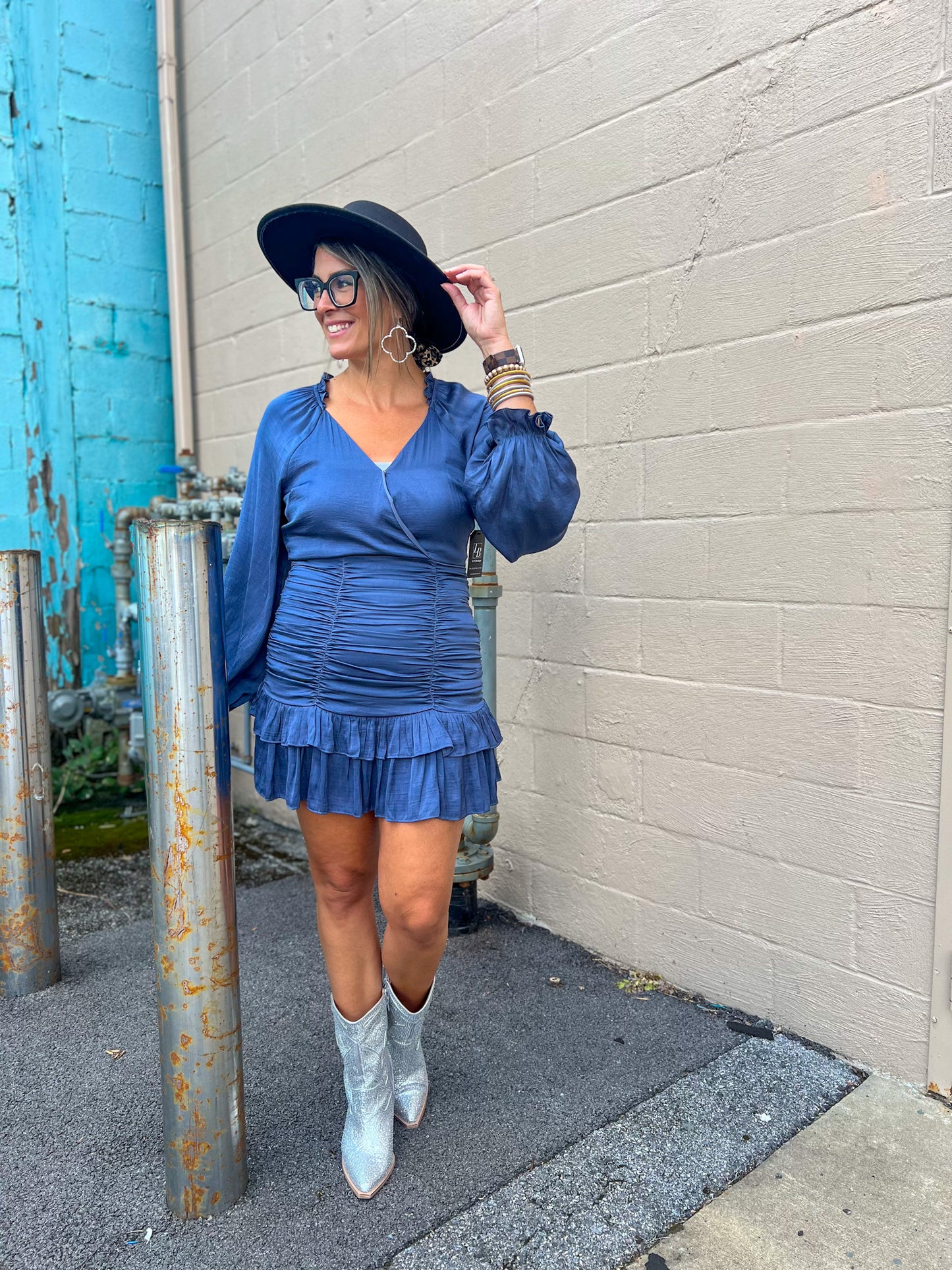 GLAM Ruffled Shirred Steel Blue Dress