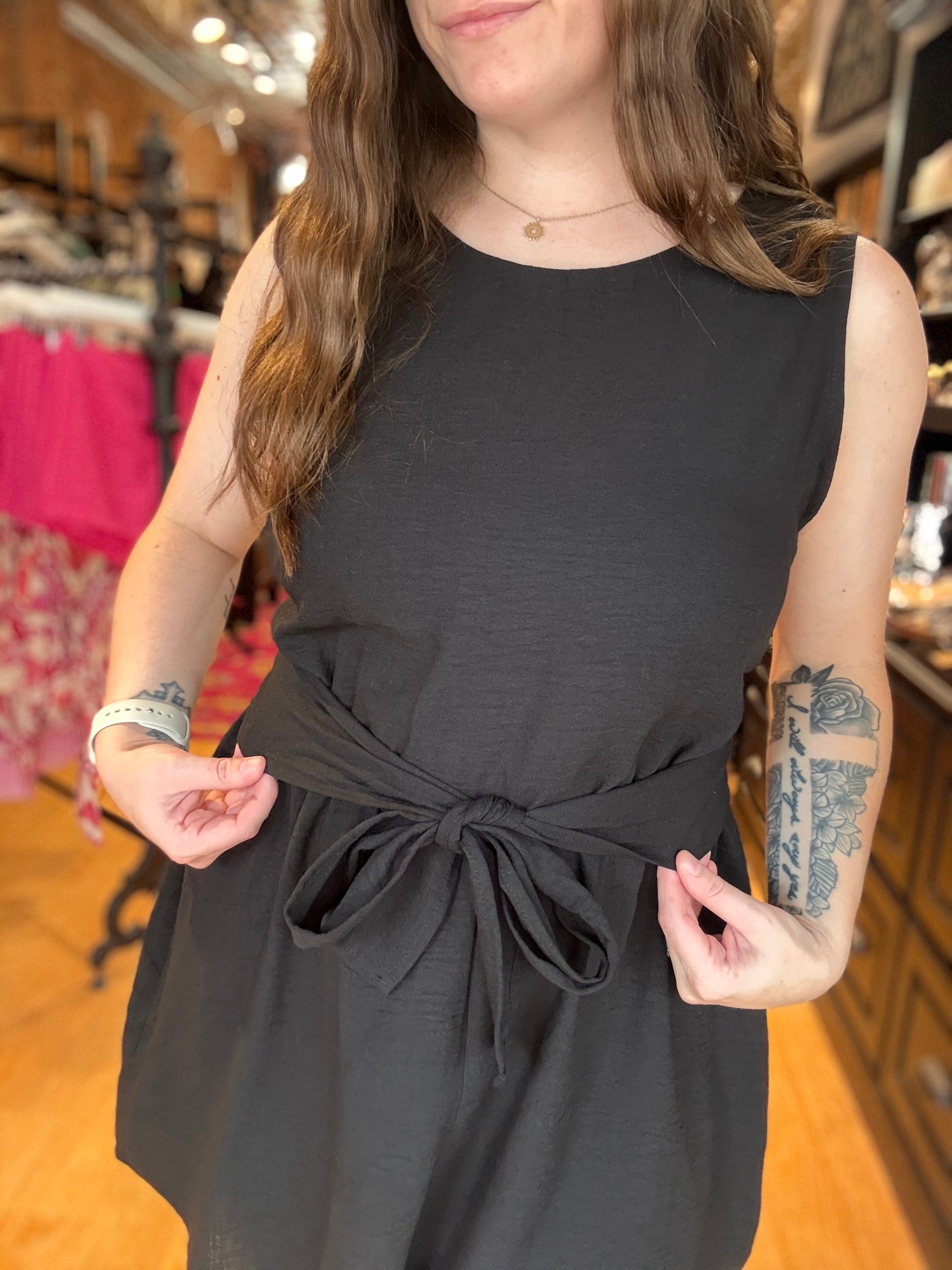 Black Tie Waist Sleeveless Romper 