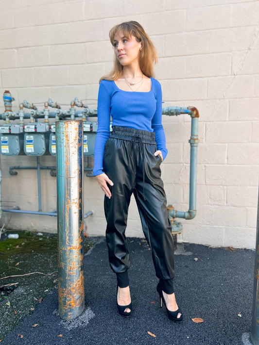 Black Vegan Leather Jogger Pants with Pockets 