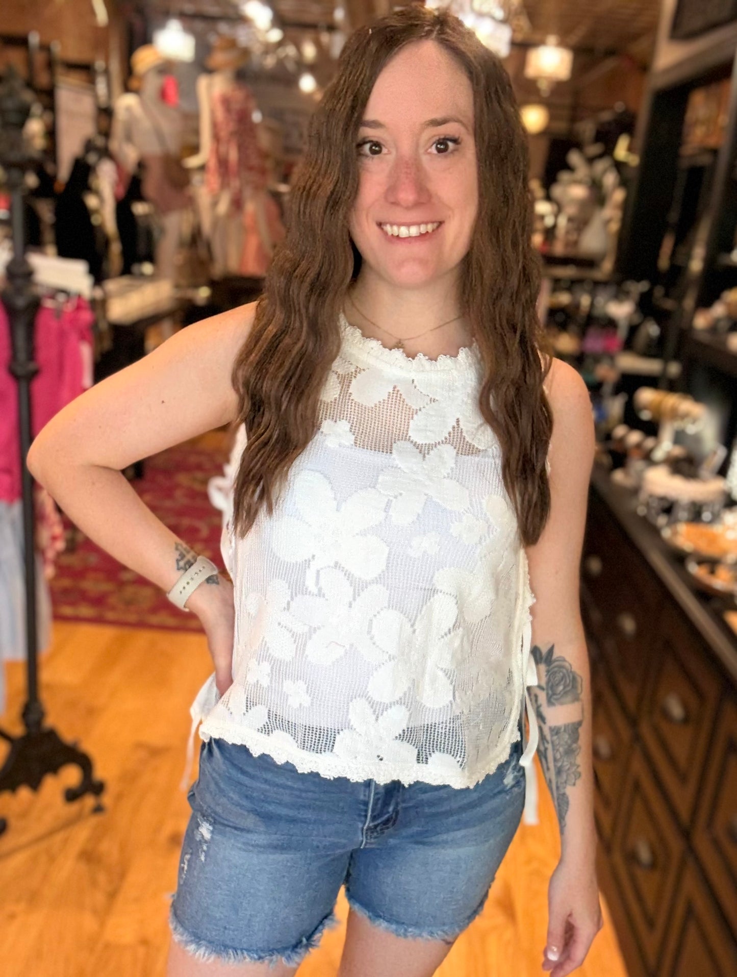 White Floral Crochet Tank Top