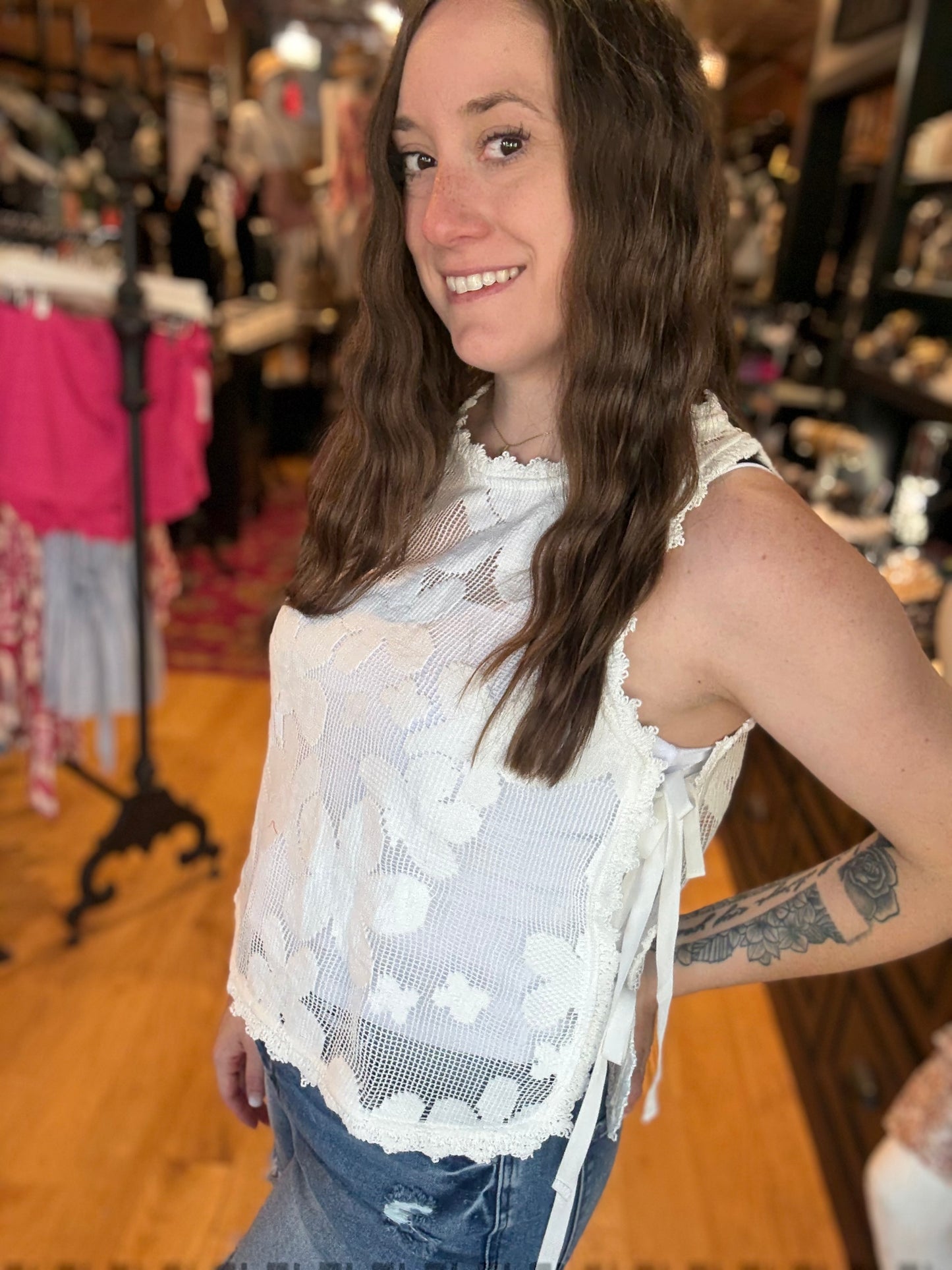 White Floral Crochet Tank Top