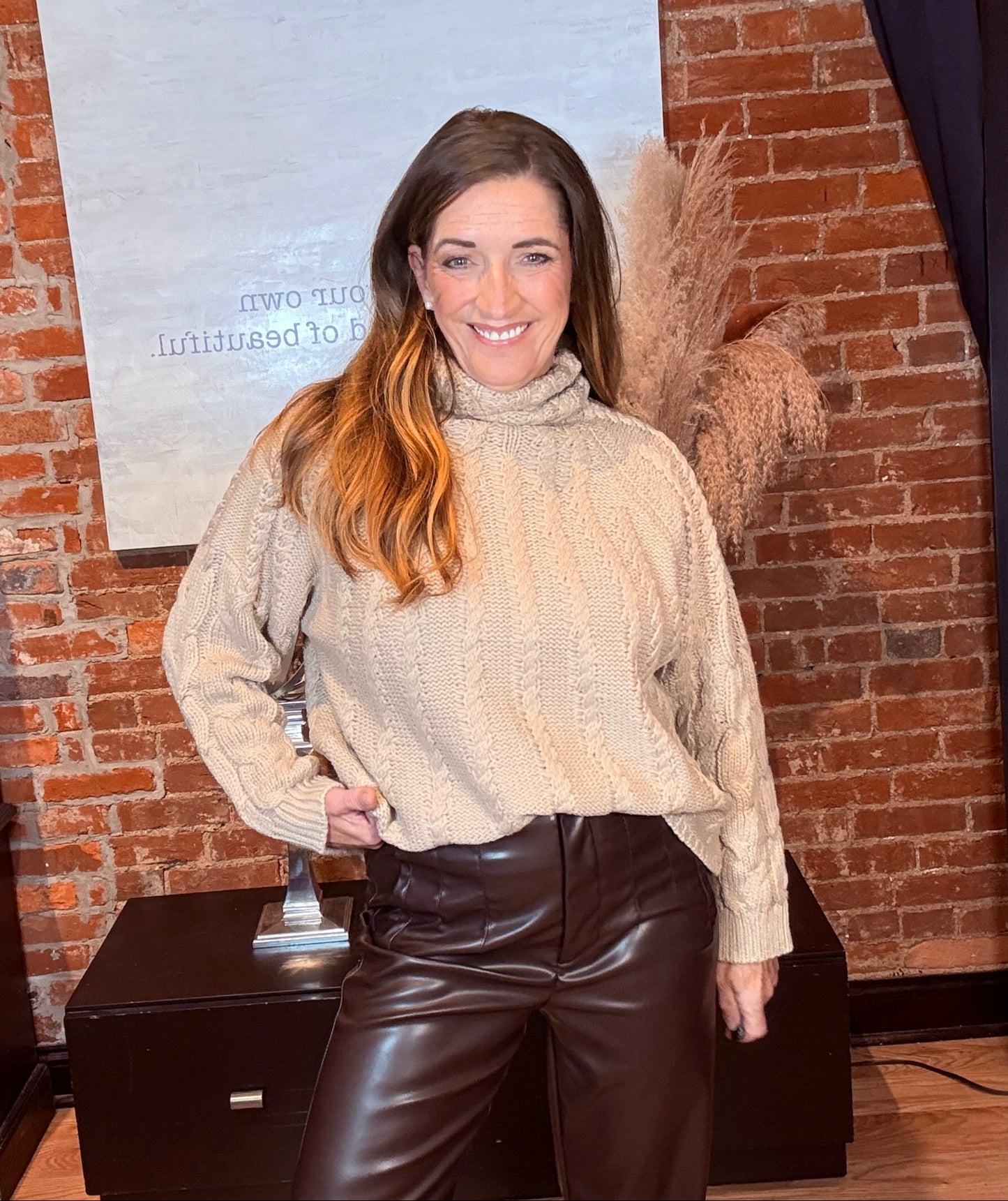 Taupe Cable Knit Turtleneck Sweater
