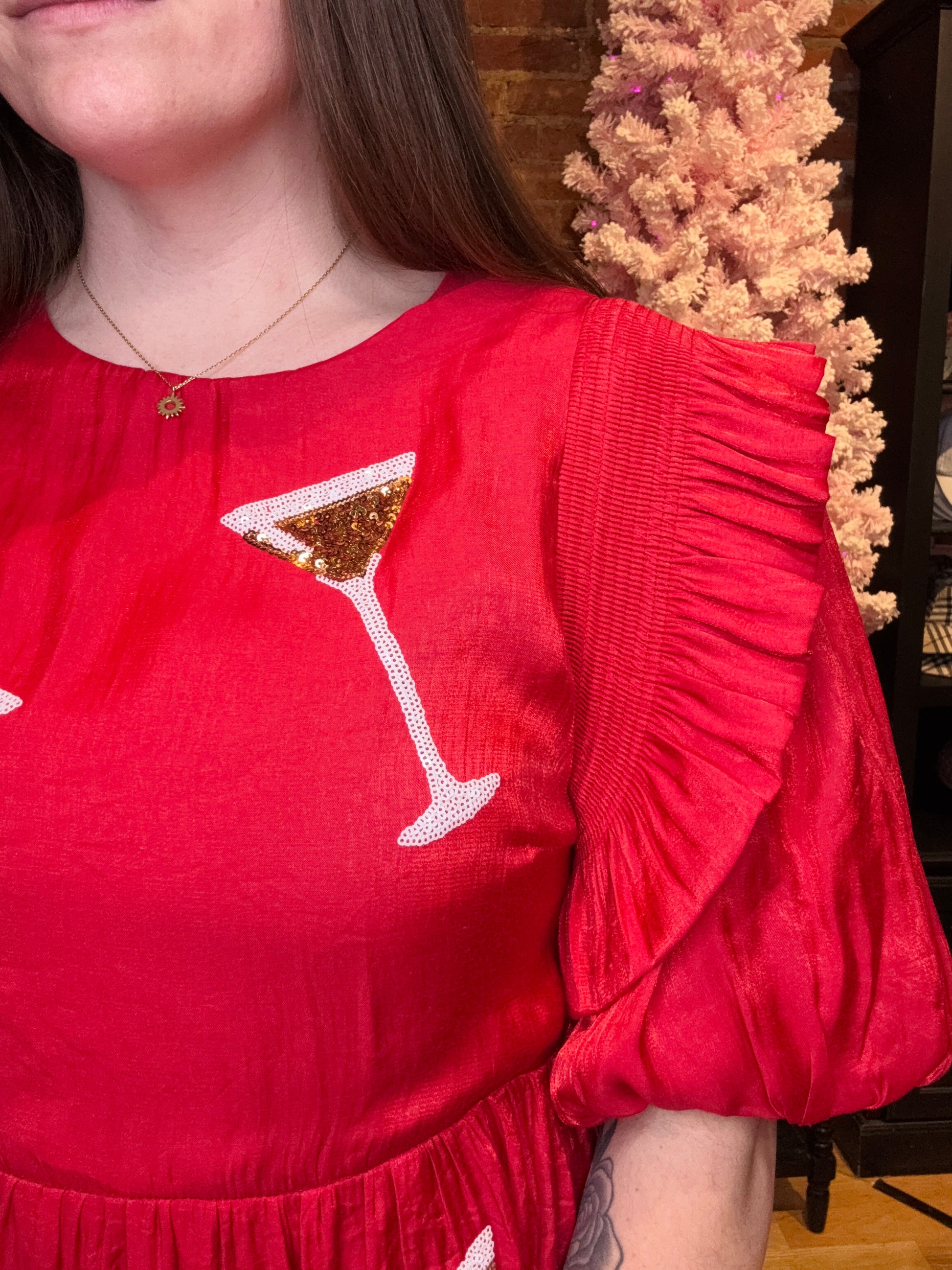 Red Mini Dress with Ruffled Puff Sleeves and Sequin Martini Glasses