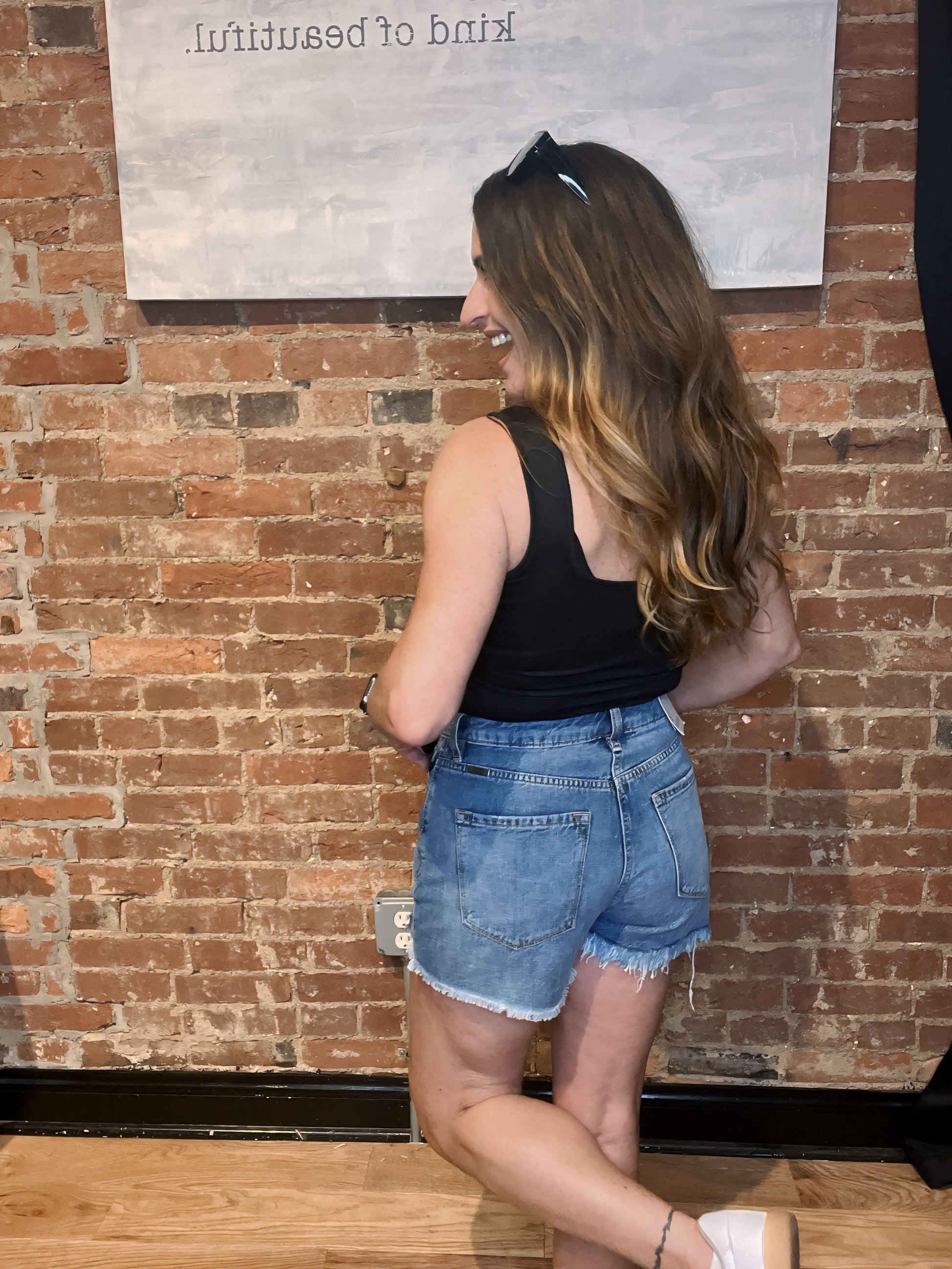 KanCan High Rise Medium Wash Distressed Denim Shorts