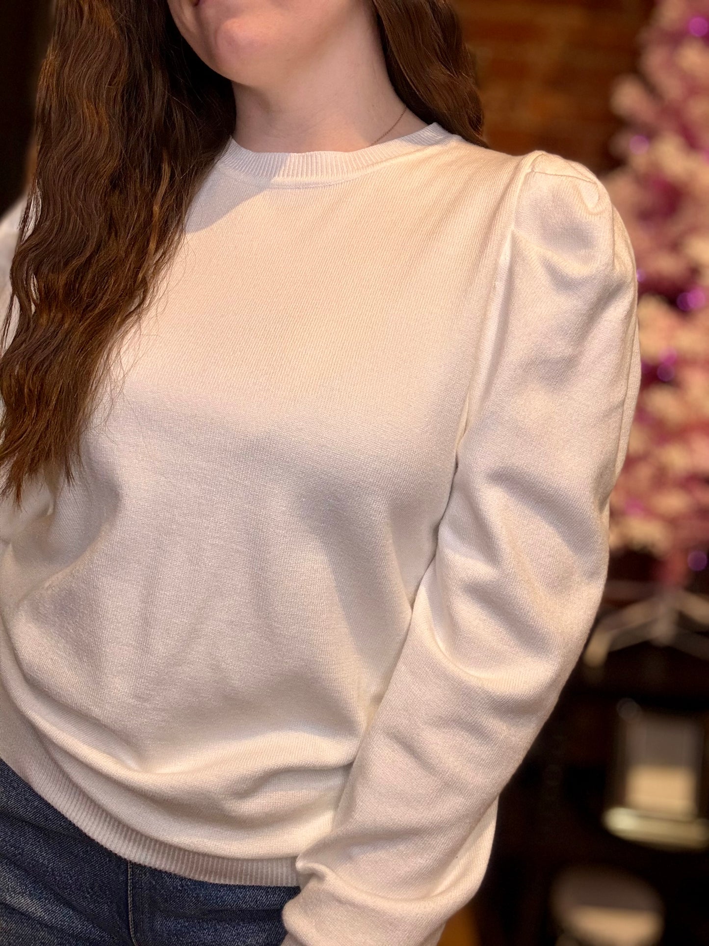 White long sleeve puff sleeve sweater top