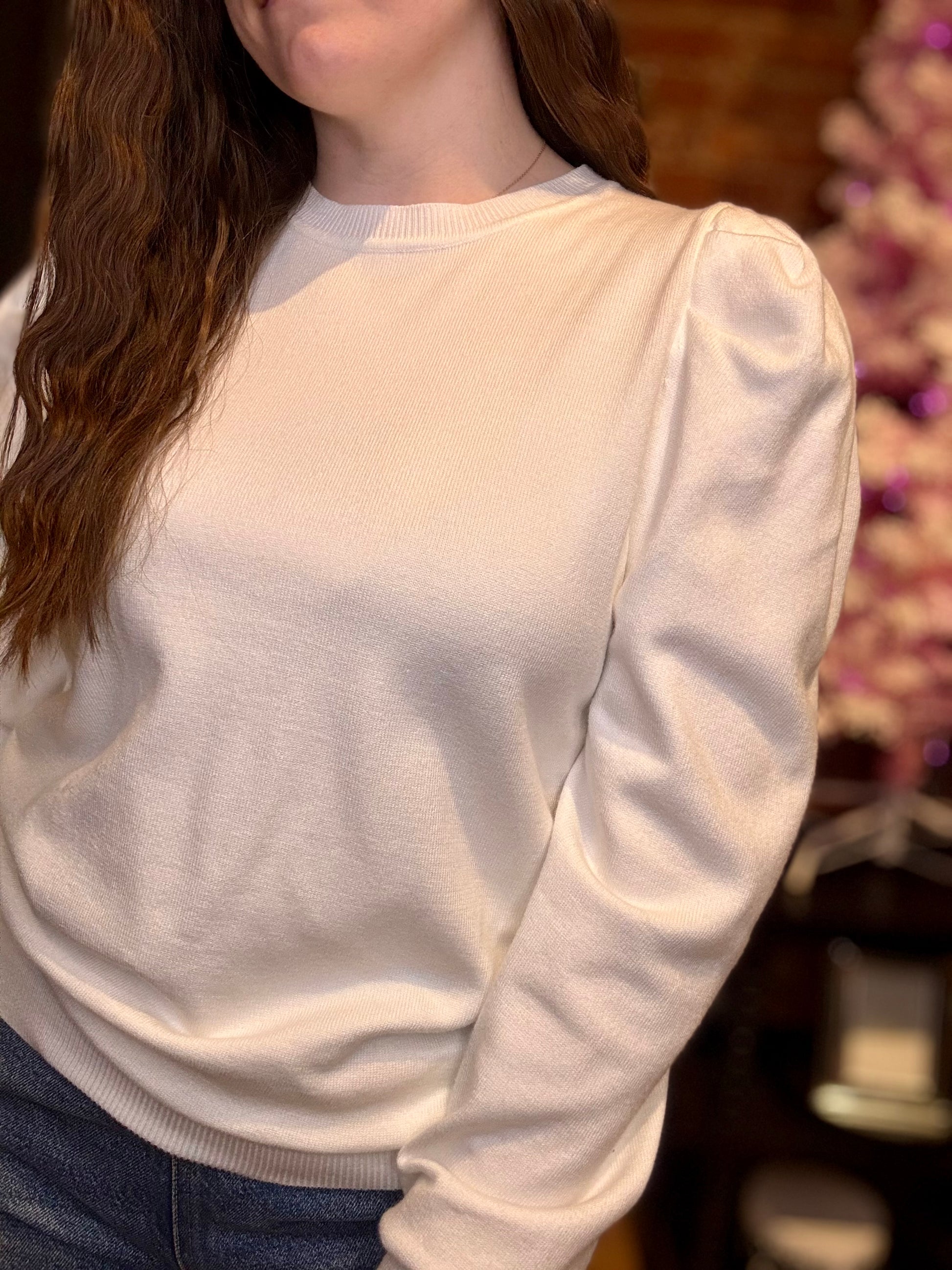 White long sleeve puff sleeve sweater top