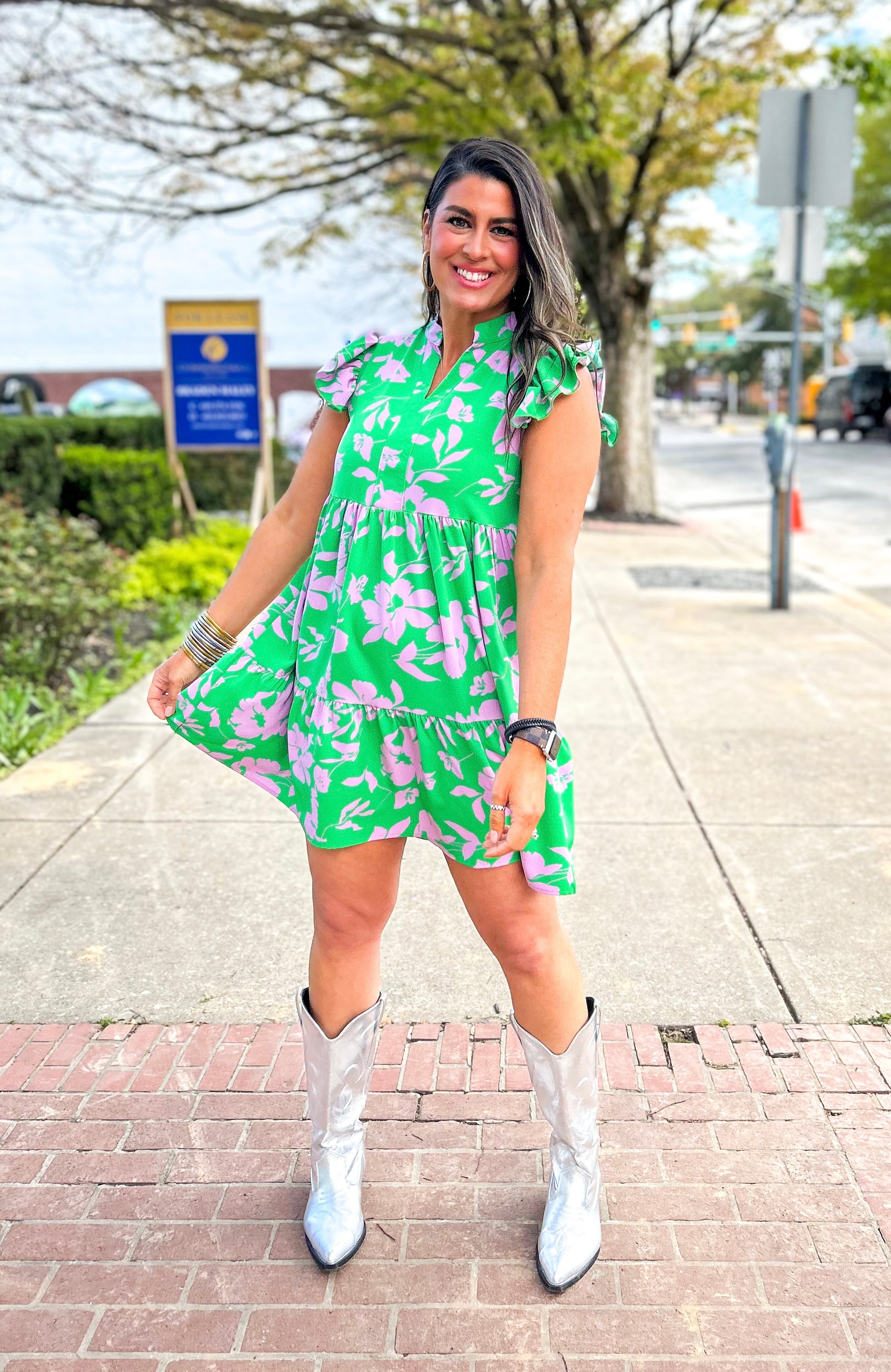Green and Pink Floral Tiered Mini Dress with Ruffle Sleeves and V-Neckline 