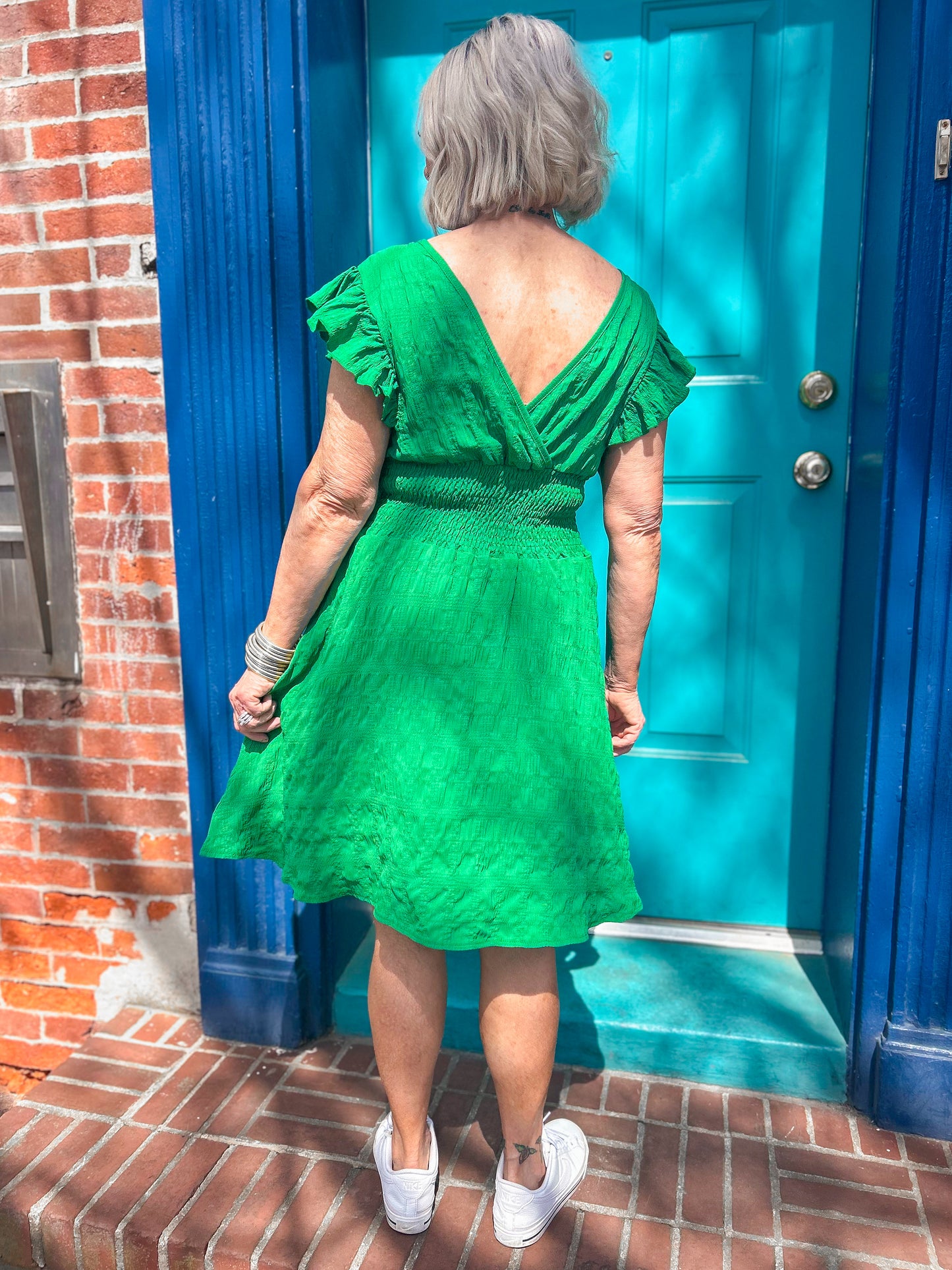 Green Ruffle Sleeve Mini Dress with V-Neckline and Banded Waist