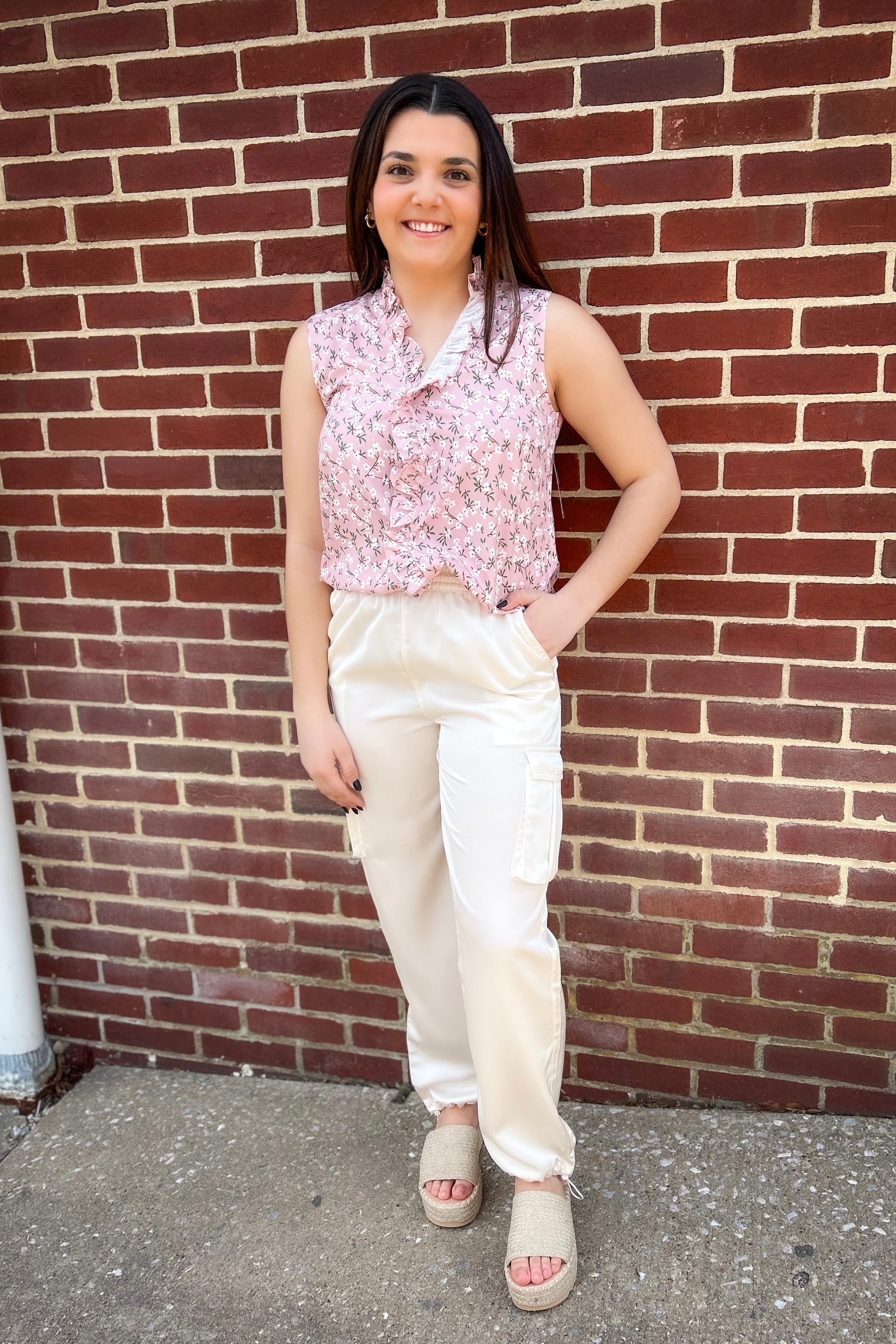 Pink Floral Sleeveless Top with Ruffle Detail