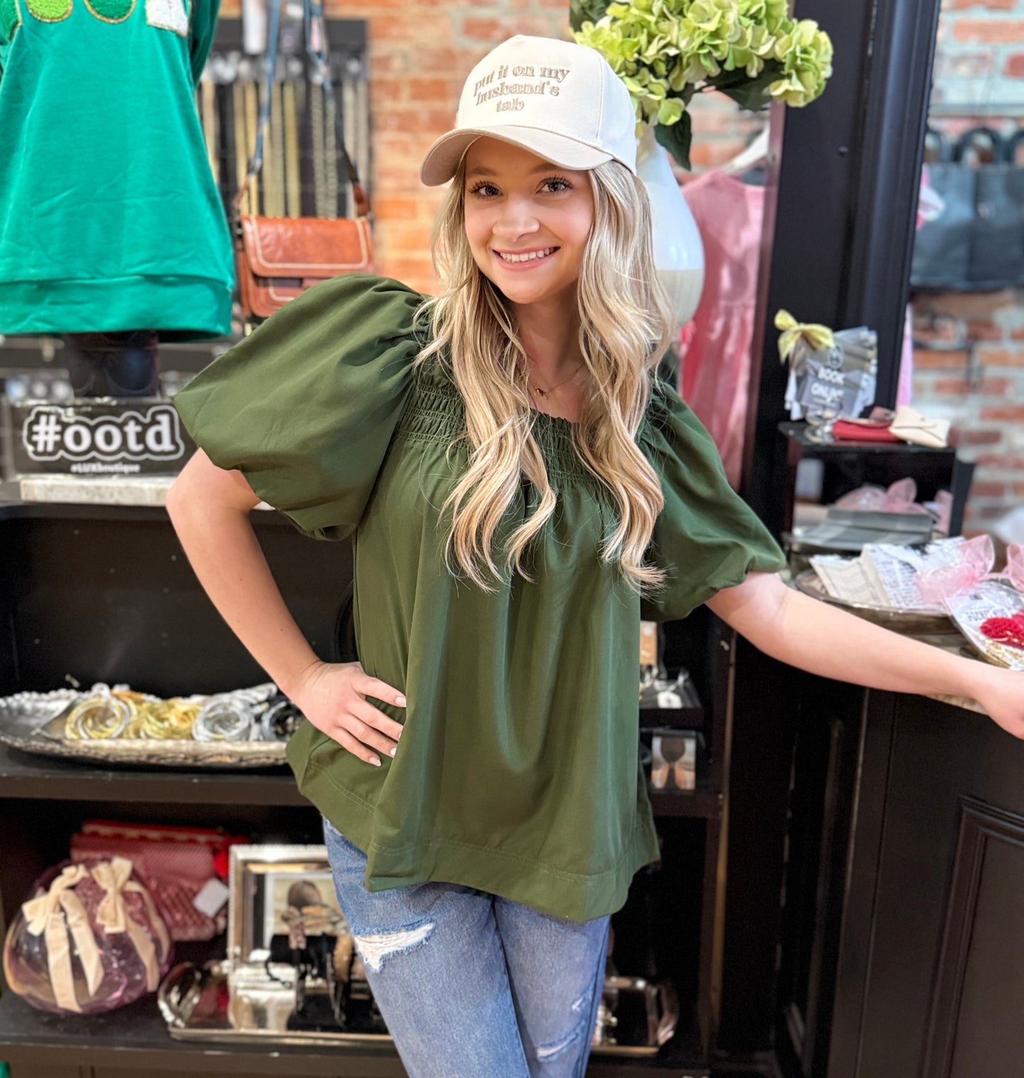 Hunter Green Smocked Puff Sleeve Top 