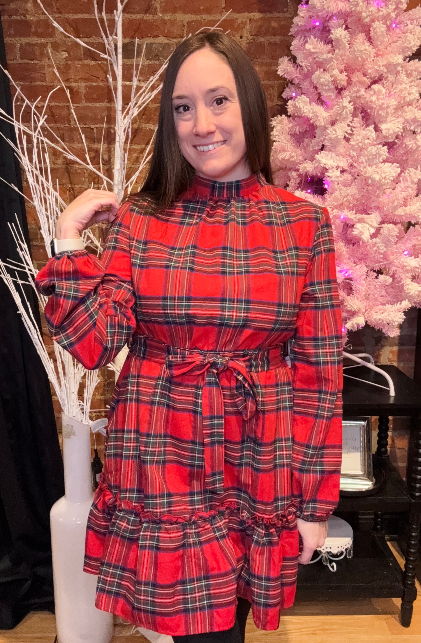 Long Sleeve Red Plaid Ruffle Mini Dress with a Tie Waist and High Neckline
