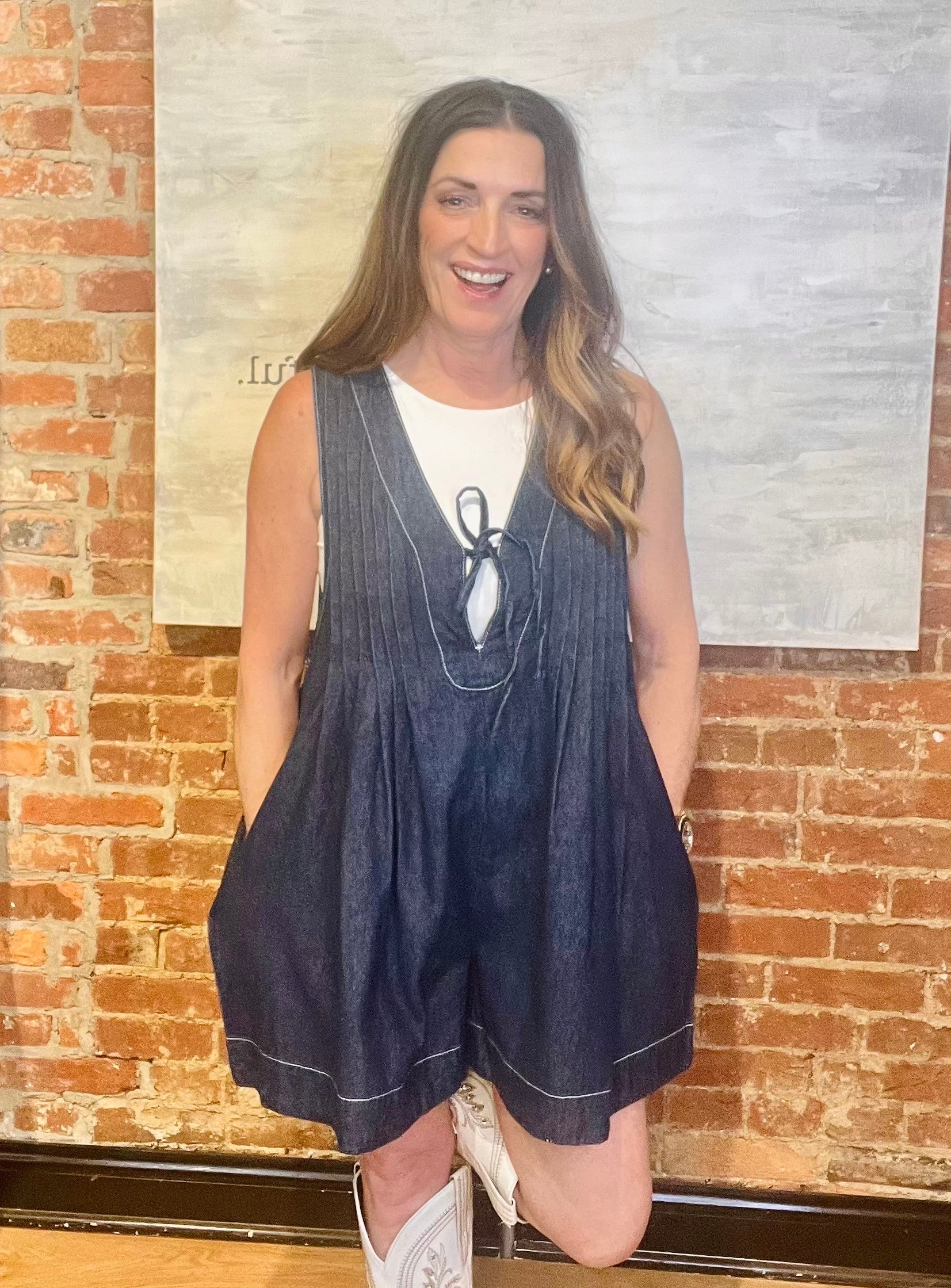 Sleeveless Dark Denim Romper Dress