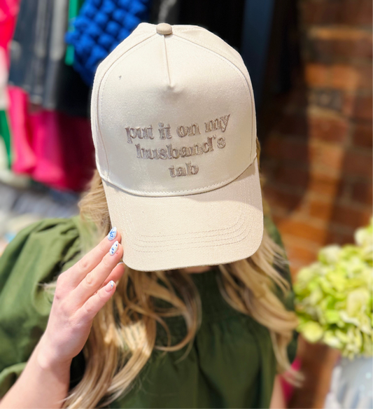 "Put it on My Husbands Tab" Embroidered Trucker Hat