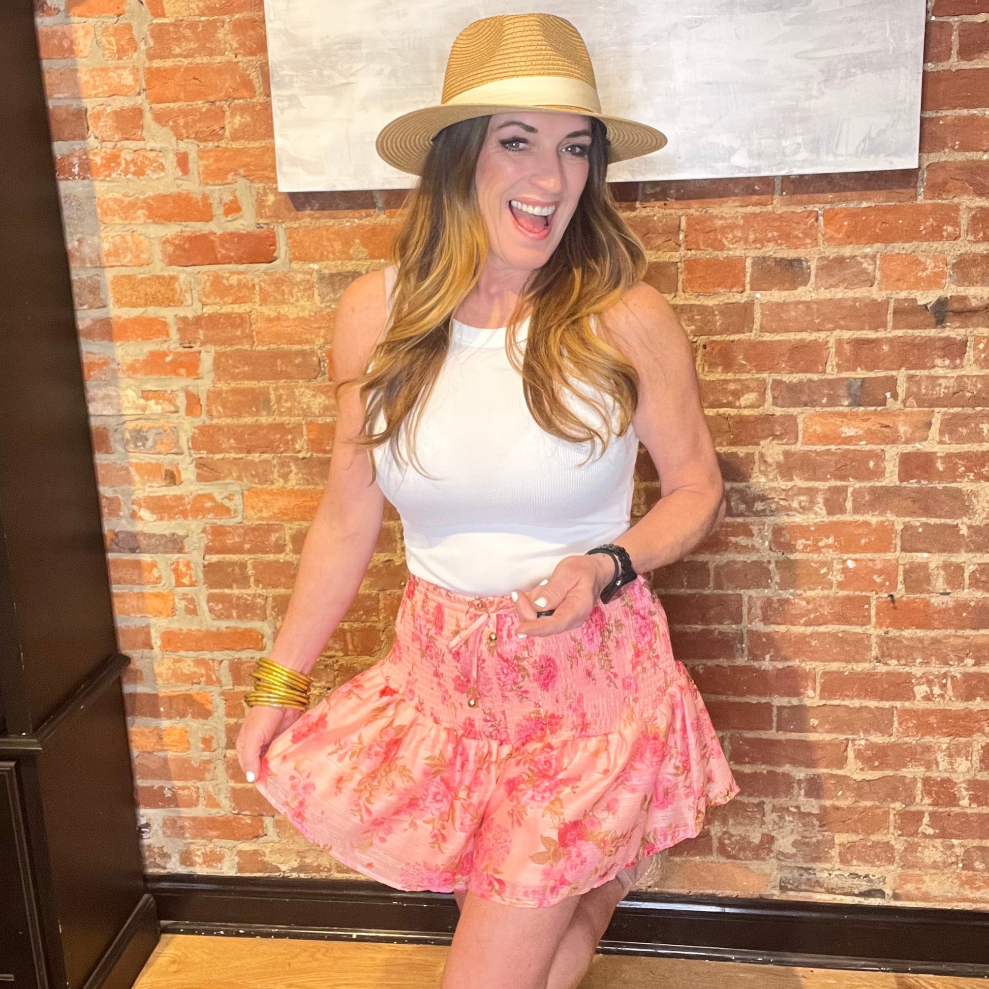 Pink Floral Print Smocked Shorts