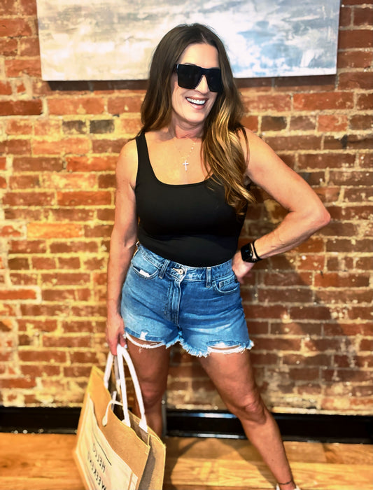 KanCan High Rise Medium Wash Distressed Denim Shorts