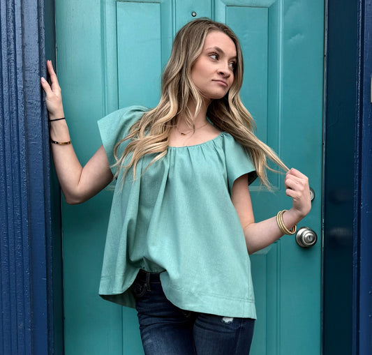 Dusty Mint Linen V-Neck Top with Padded Cap Sleeve