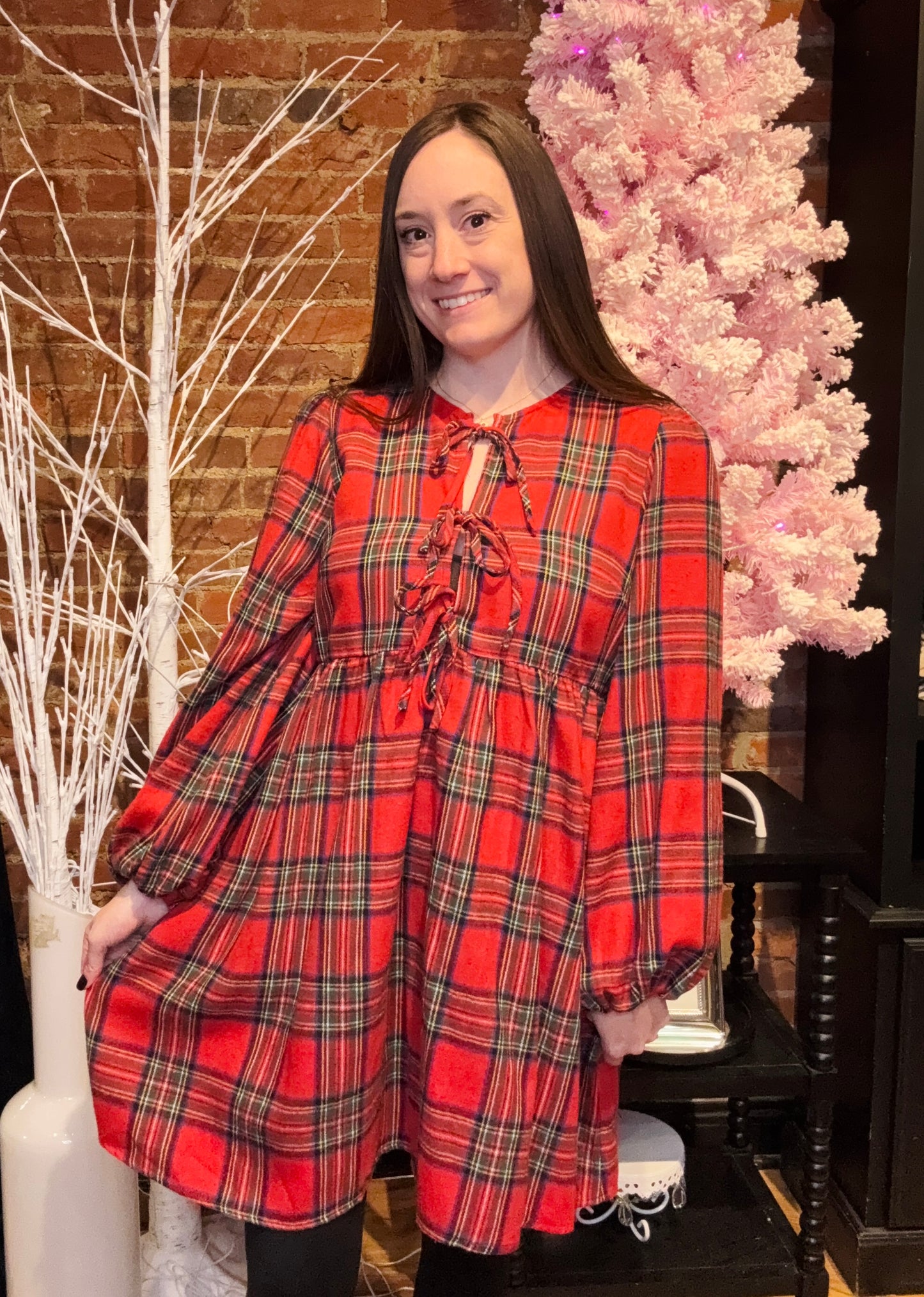 Long Sleeve Red Plaid Mini Dress with Tie Closures in the Front