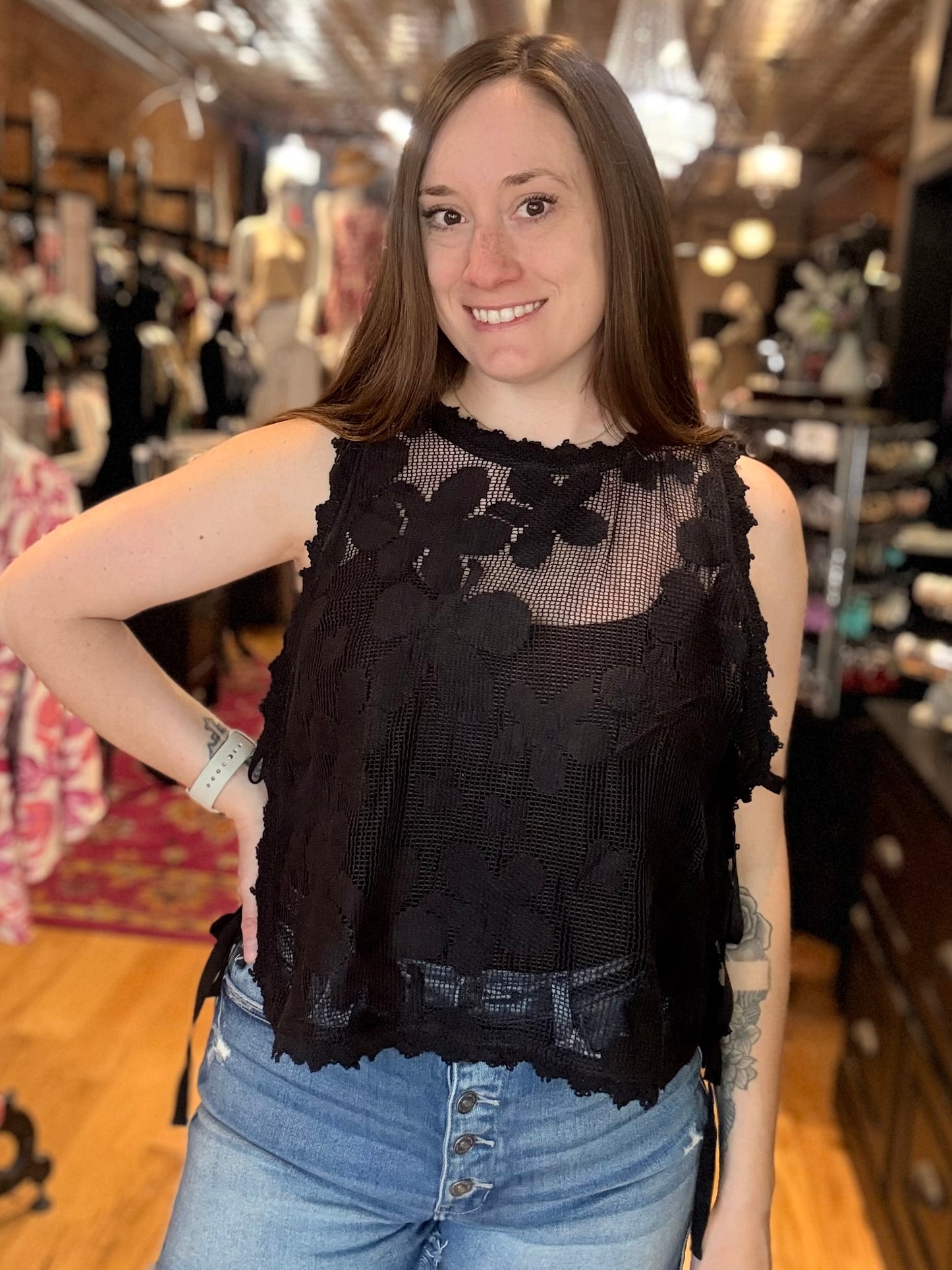 Black Floral Crochet Tank Top
