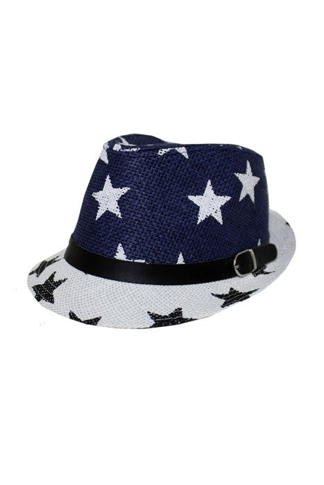 Navy Blue/White Two Tone Star All-Print and Belt Buckle Banded Straw Fedora