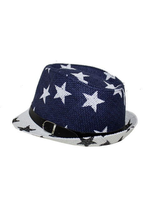Navy Blue/White Two Tone Star All-Print and Belt Buckle Banded Straw Fedora