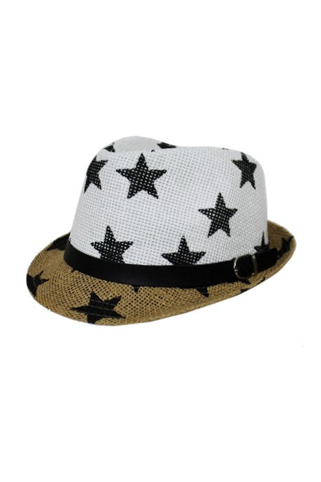 White/Tan Two Tone Star All-Print and Belt Buckle Banded Straw Fedora