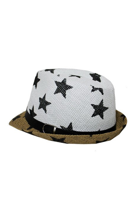 White/Tan Two Tone Star All-Print and Belt Buckle Banded Straw Fedora