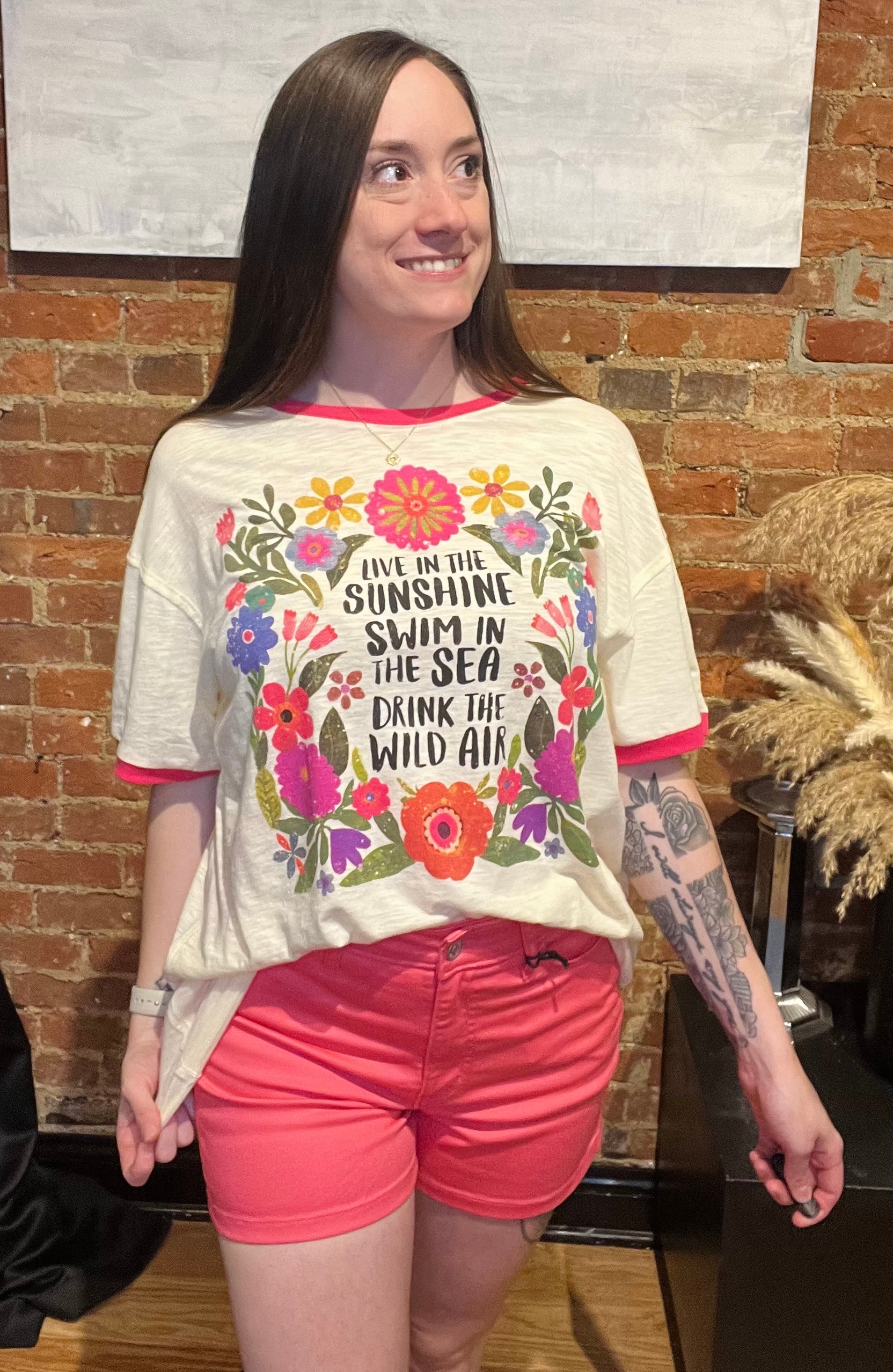 Natural Life White Graphic Tee with Floral Design and Saying