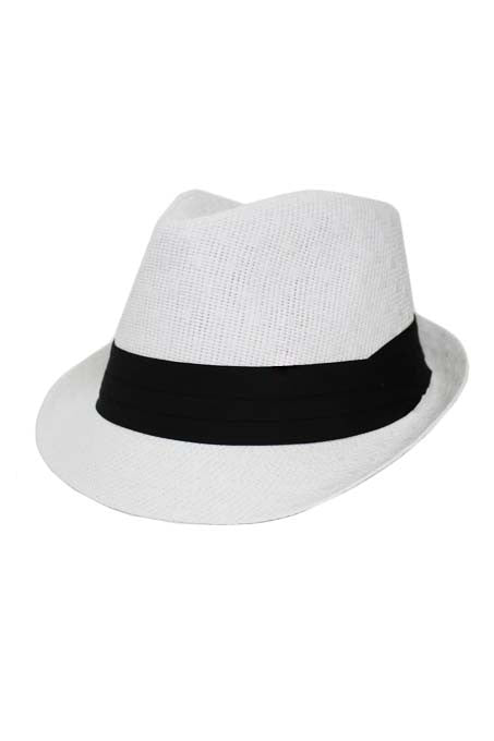 White Triangle Straw Indented Casual Unisex Fedora Standard Head Size with Black Band