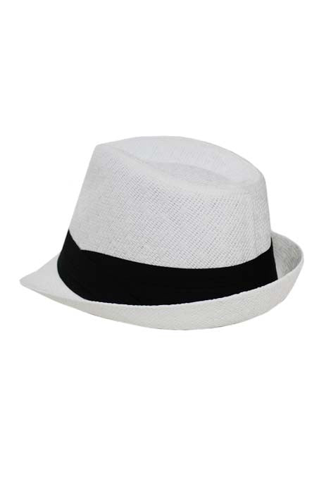 White Triangle Straw Indented Casual Unisex Fedora Standard Head Size with Black Band