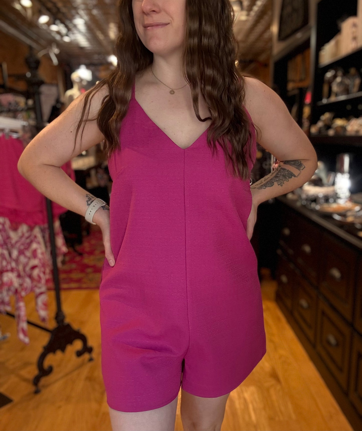 Fuchsia Tie Open Back Romper Dress