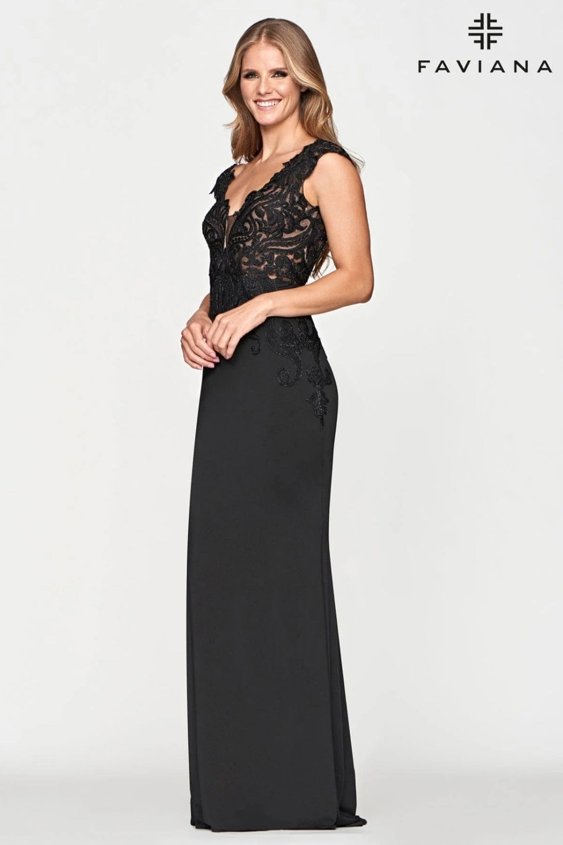 Black Long Sleeve Jersey Dress with Deep V-Neckline and Lace Bustier