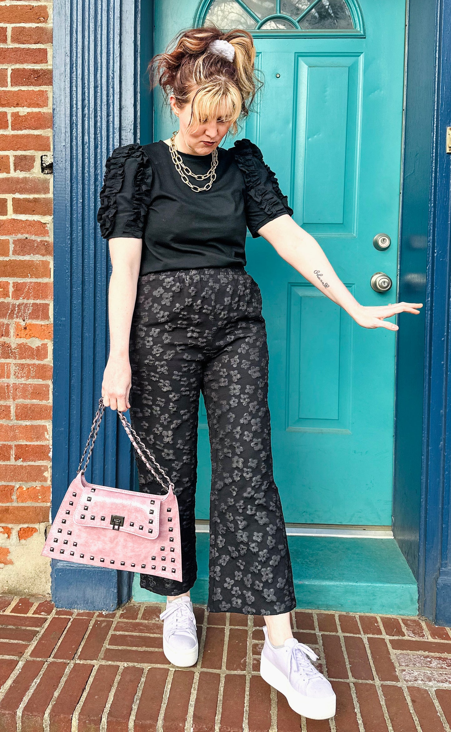 Black Floral Print Jacquard Cropped Pants 