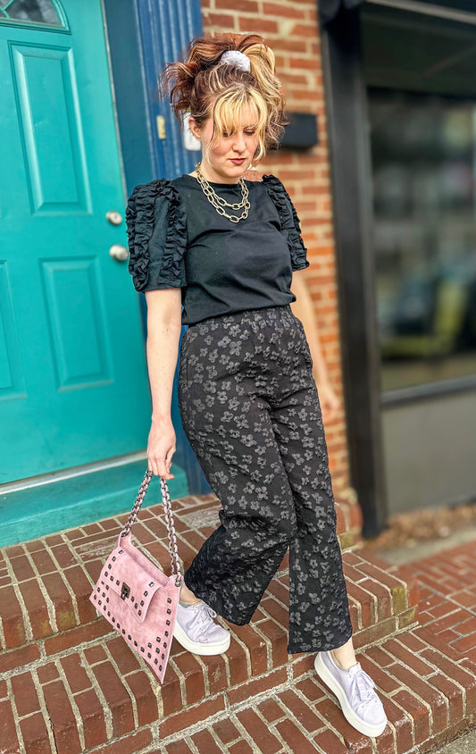 Black Floral Print Jacquard Cropped Pants 