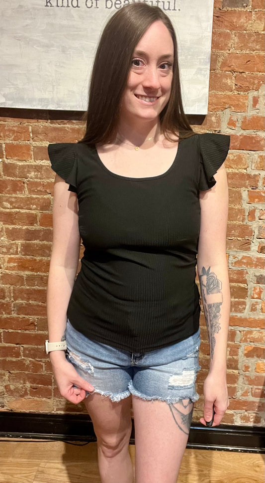 Black Ribbed Flutter Sleeve Top