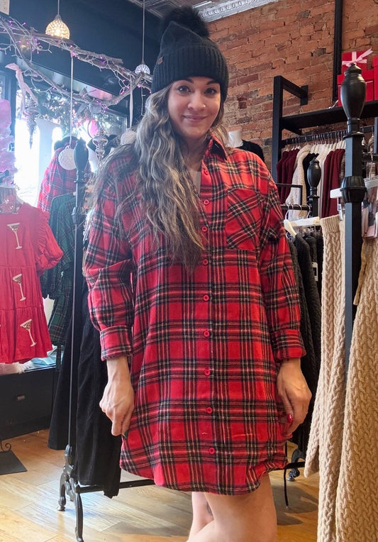 Holiday Plaid Weekender Button Up Shirt Dress