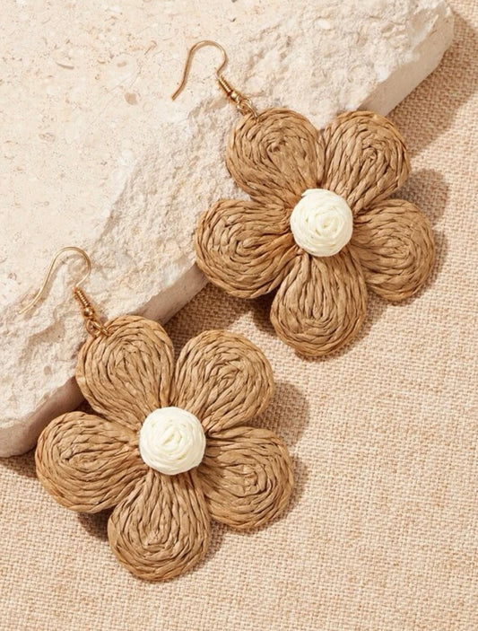 Khaki and White Raffia Daisy Drop Earrings