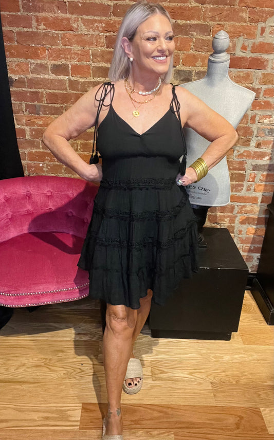 Black Babydoll Ruffle Mini Dress with Tassel Tie Straps