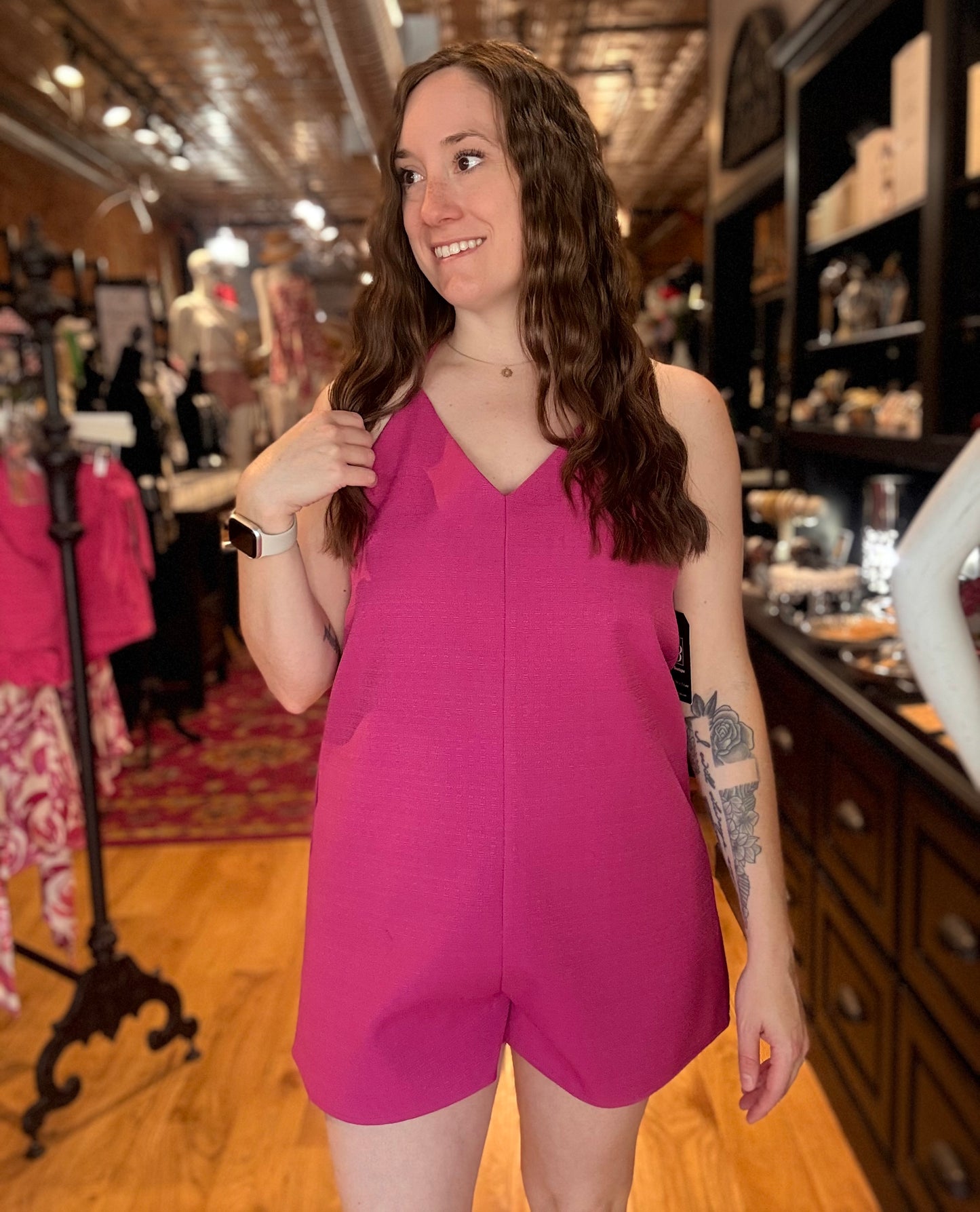 Fuchsia Tie Open Back Romper Dress