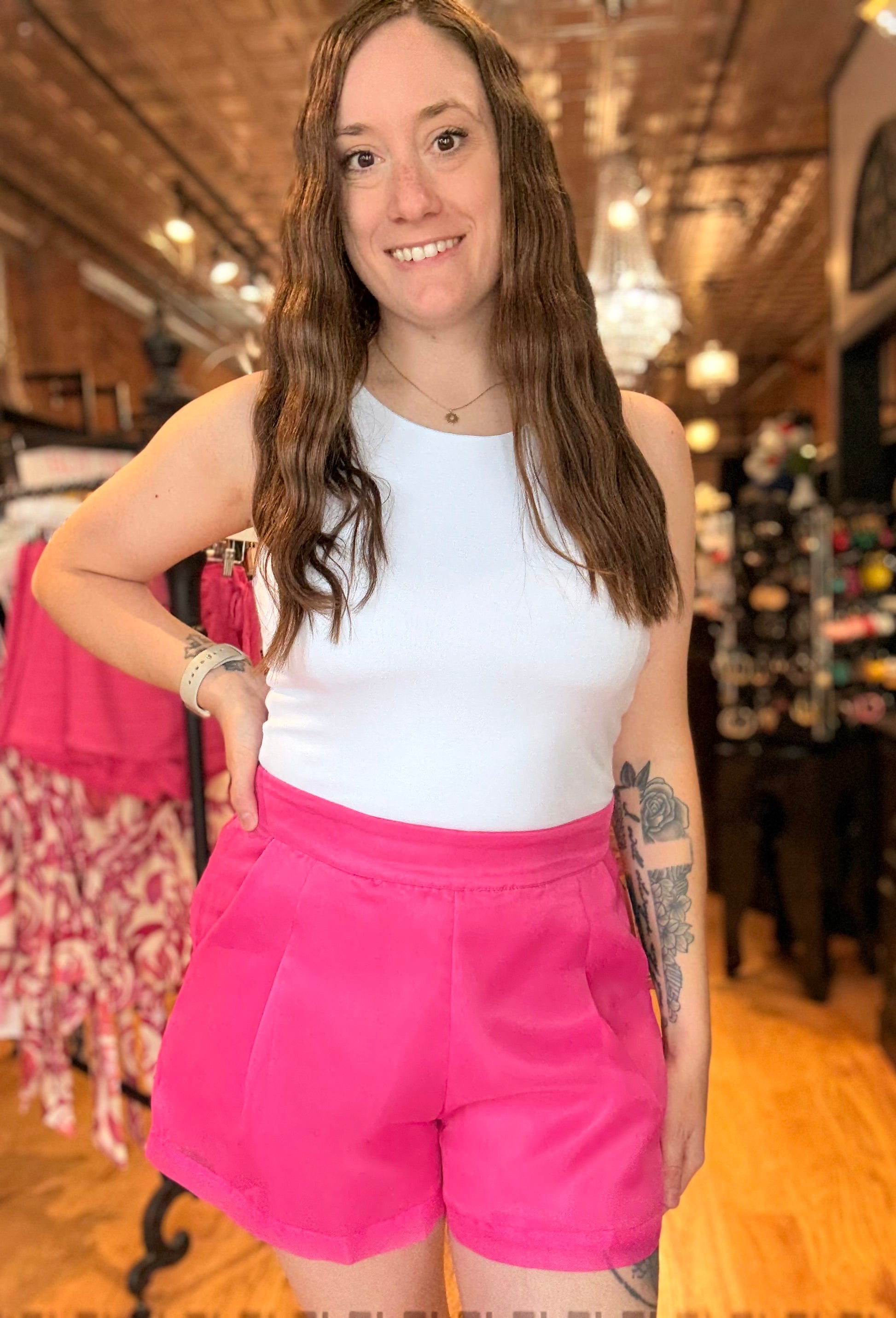 Fuchsia High Waisted Shorts Organza Top Layer with Concealed Back Zipper