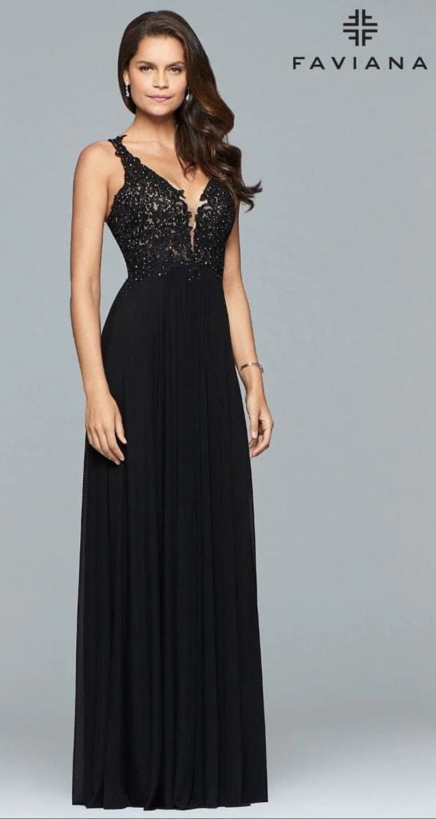 Black Long mesh v-neck dress with lace applique