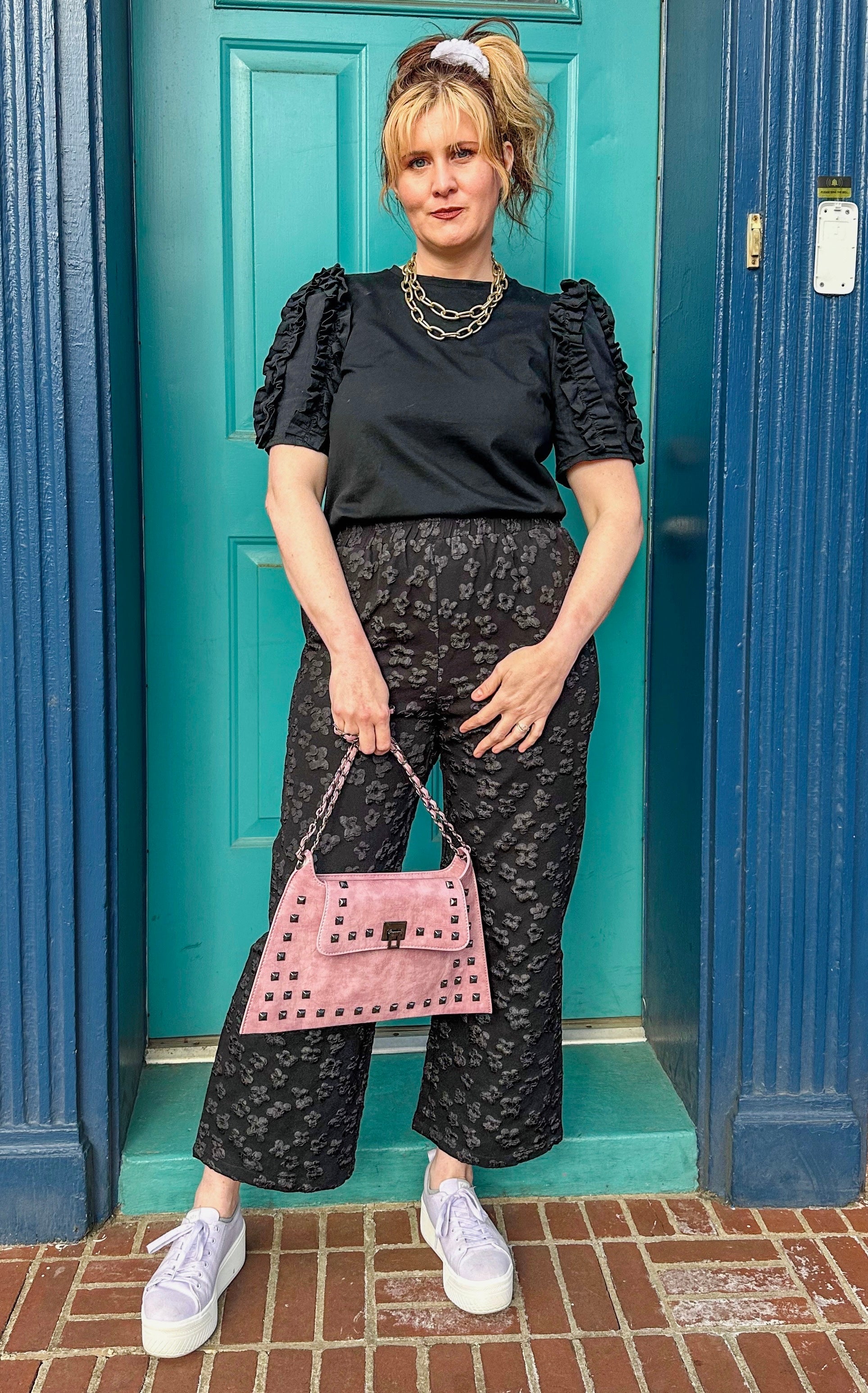 Black Floral Print Jacquard Cropped Pants 